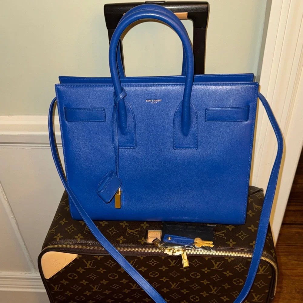 Saint Laurent Paris Electric Blue Leather Satchel with Gold Hardware Medium